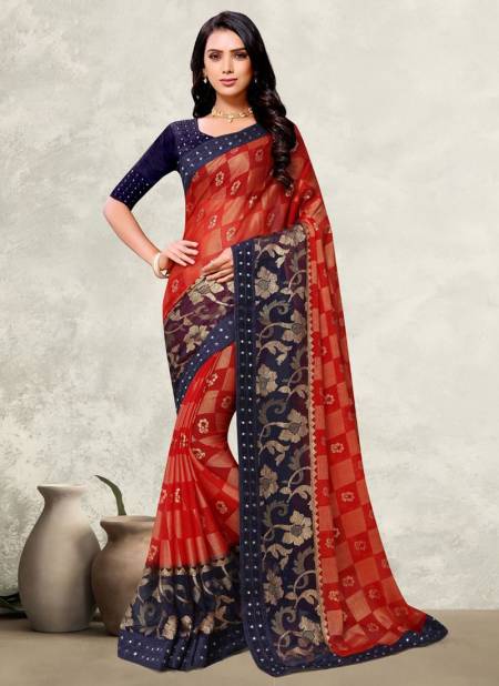 Red Festive Wear Chiffon Brasso Printed Mirror Lace Saree Collection 24091